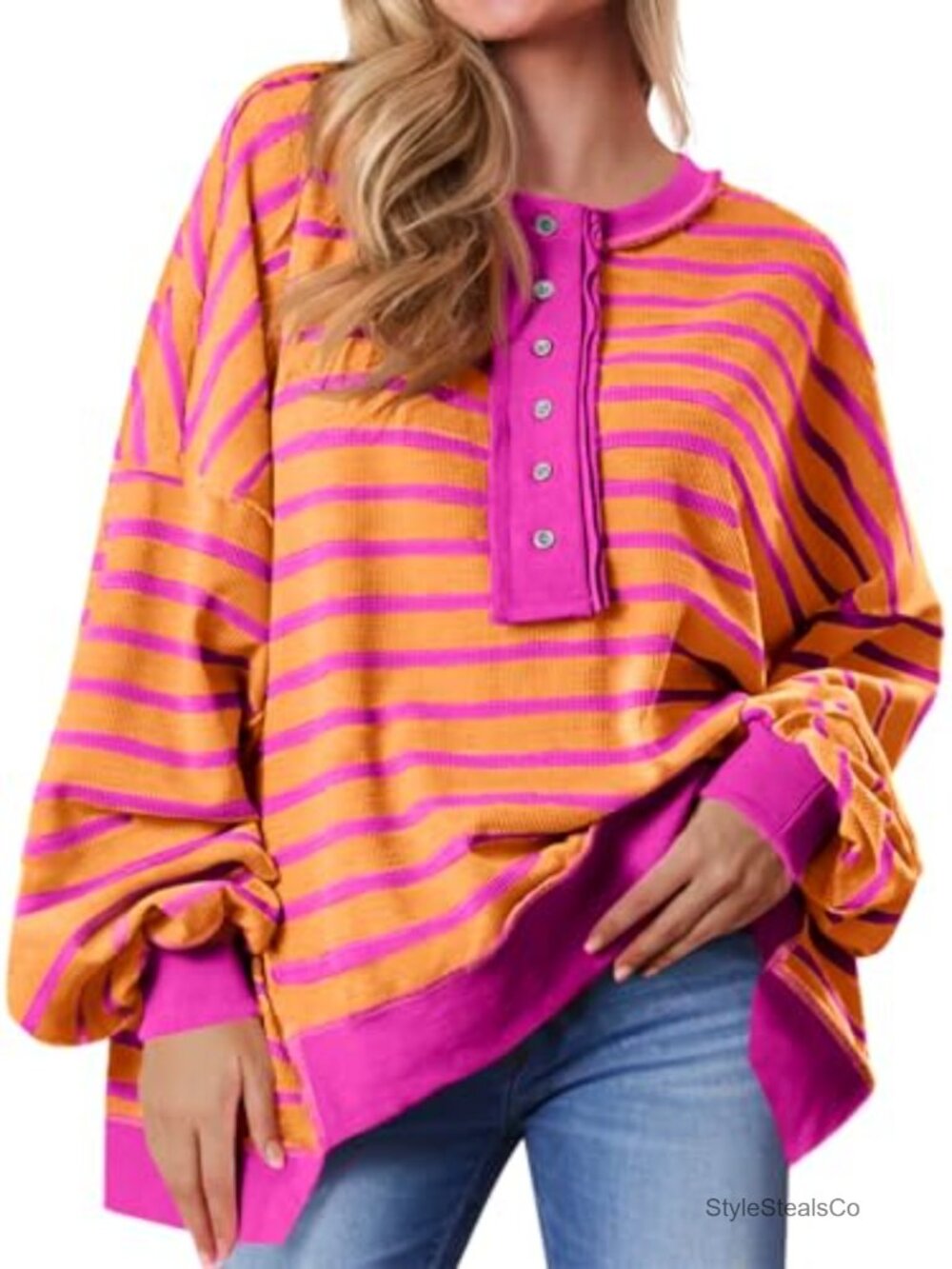 Oversized Striped Waffle Knit Henley Sweatshirt Womens Pullover